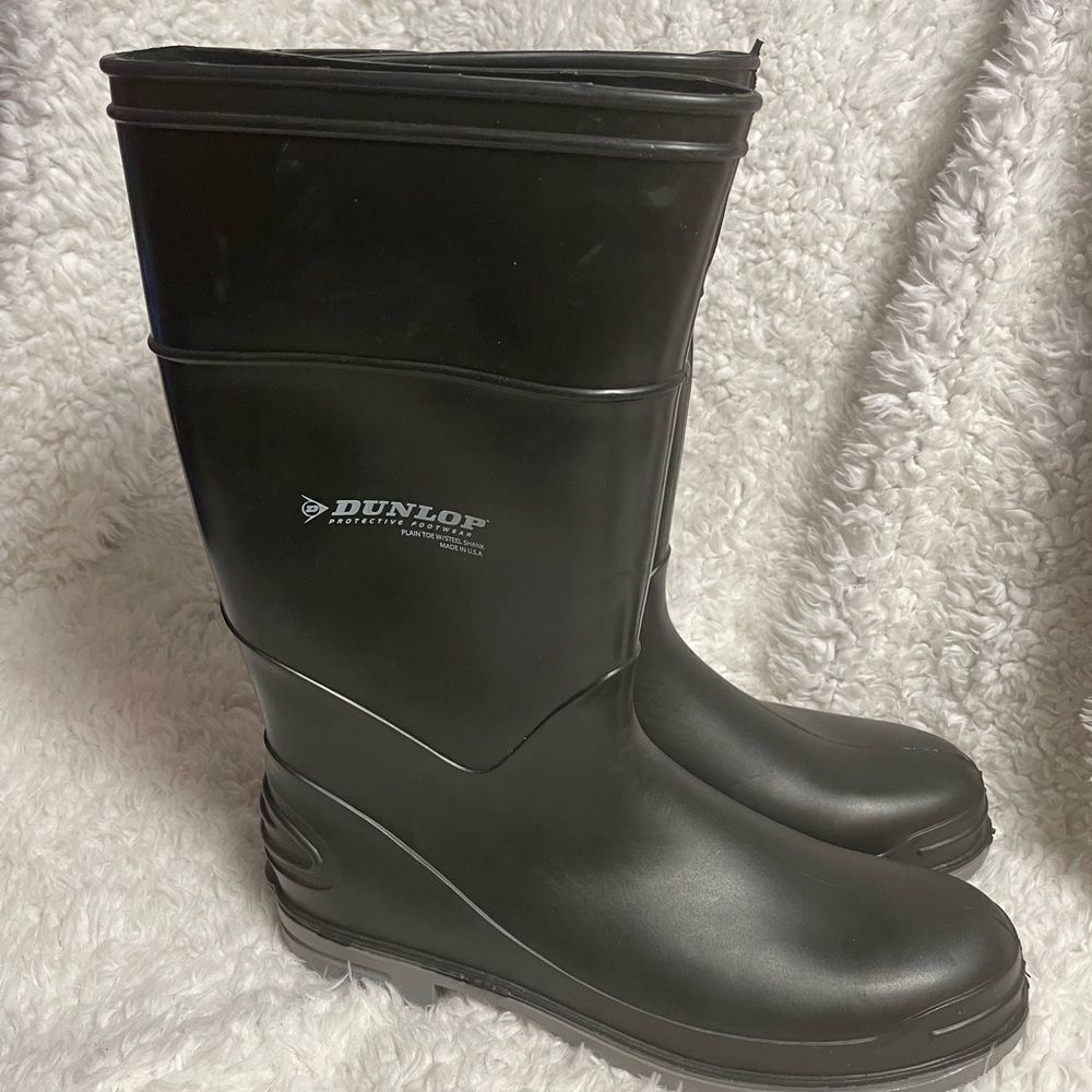 New Dunlop Men’s Black Rubber work Boots Plain Toe with Steel Shank SZ 14